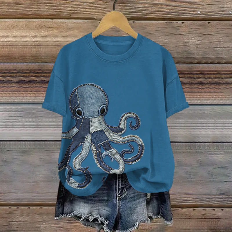 Vintage Octopus Art Pattern Print Short Sleeved Round Neck Cotton T-shirt - Blue - US28-30(4XL) - image 2