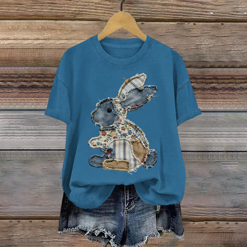 Vintage Easter Bunny Geometry Art Pattern Print Short Sleeved Round Neck Cotton T-shirt - Blue - US28-30(4XL) - image 2