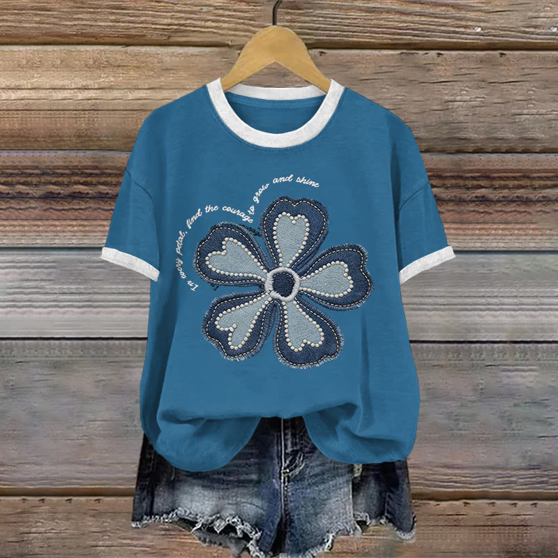 Vintage Floral Contrast Color Art Pattern Print Short Sleeved Round Neck Cotton T-shirt - Blue - US28-30(4XL) - image 2