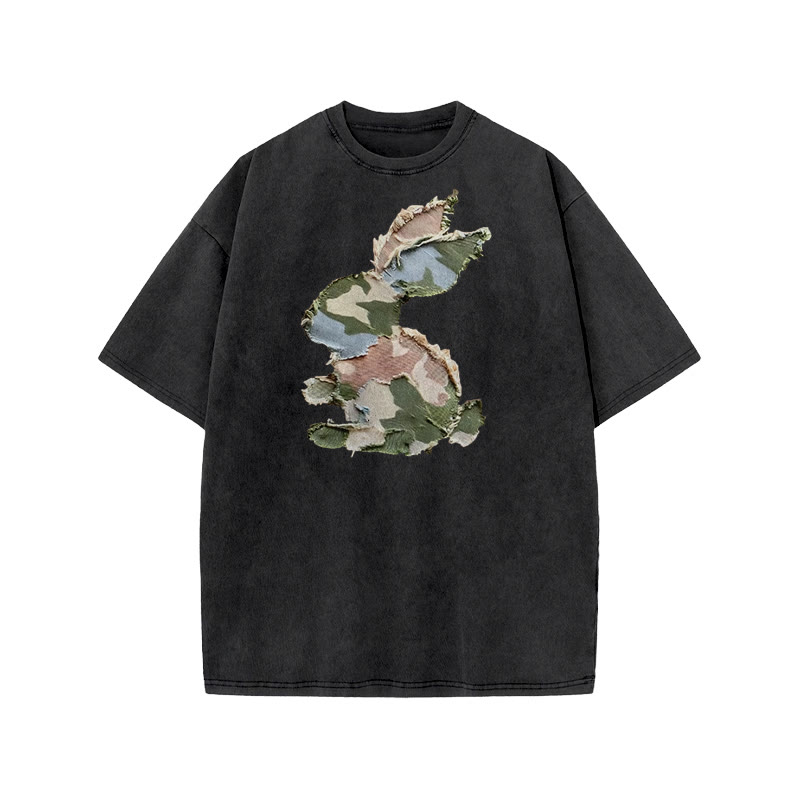 Unisex Easter Camouflage Bunny Irregular Pattern Pattern Art Print Acid Washed T-shirt - Black - US20-22(3XL) - image 2