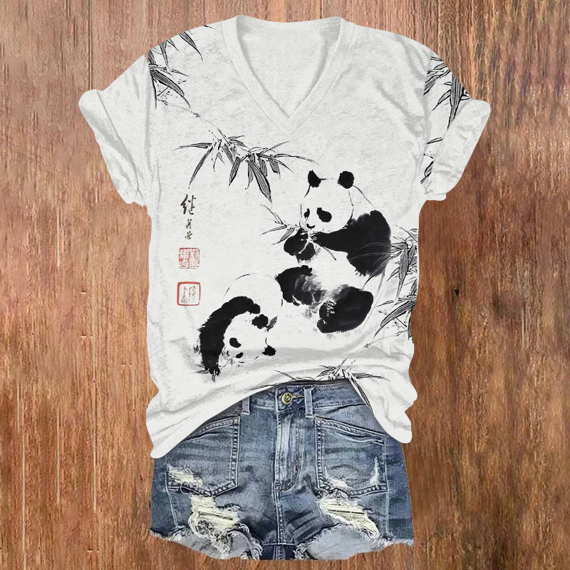 Cute Pandas And Bamboo Pattern Print Short Sleeved V-neck T-shirt - White - US32-34(5XL) - image 2