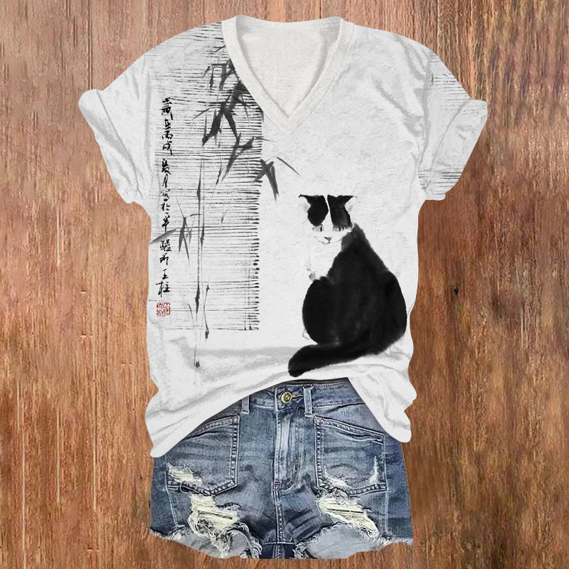Retro Kitty Ink Painting Pattern Print Short Sleeved V-neck T-shirt - White - US32-34(5XL) - image 1