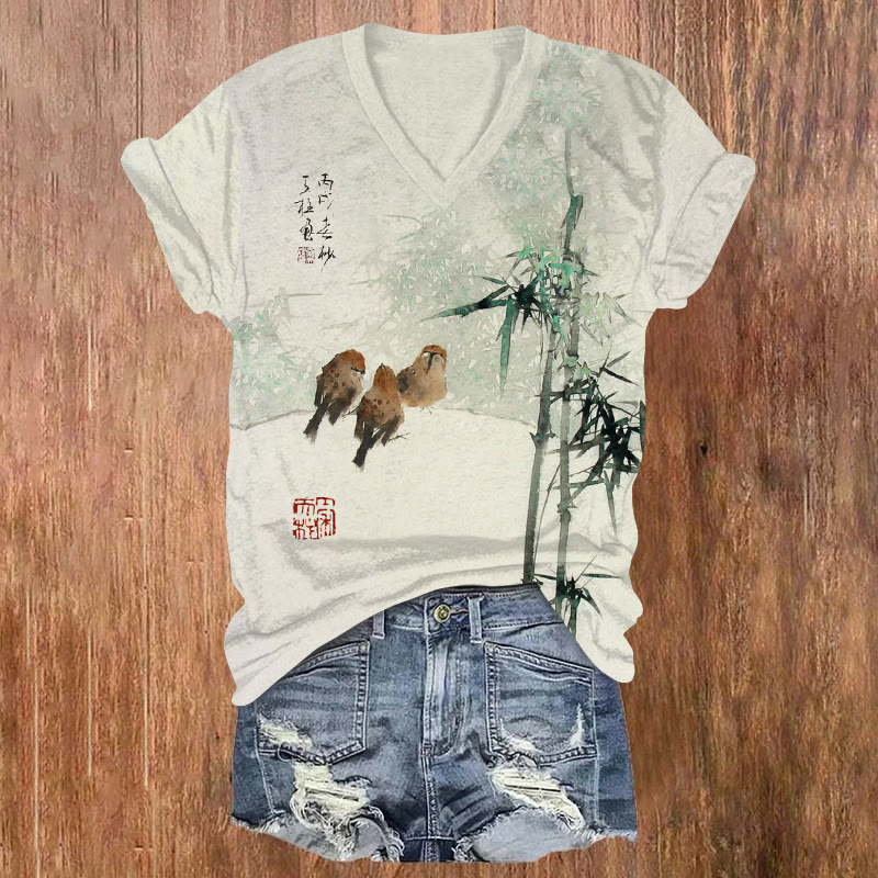Vintage Bamboo Forest And Birds Ink Painting Pattern Print Short Sleeved V-neck T-shirt - Apricot - US32-34(5XL) - image 1