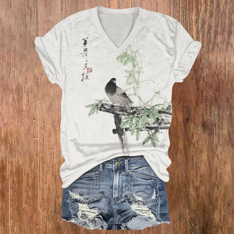 Vintage Retro Bird Ink Painting Pattern Print Short Sleeved V-neck T-shirt - White - US32-34(5XL) - image 1