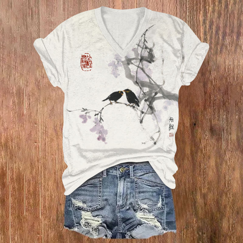 Vintage Two Birds Ink Painting Pattern Print Short Sleeved V-neck T-shirt - White - US32-34(5XL) - image 1