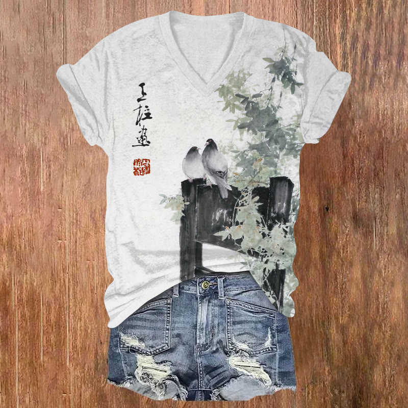 Vintage Two Little Birds On A Chair Ink Painting Pattern Print Short Sleeved V-neck T-shirt - White - US32-34(5XL) - image 1