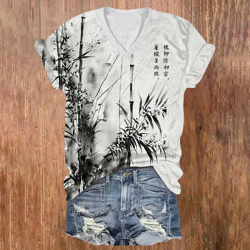 Vintage Zen-inspired Bamboo Forest Ink Painting Pattern Print Short Sleeved V-neck T-shirt - Black - US32-34(5XL) - image 2