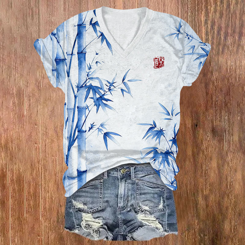 Vintage Bamboo Forest Ink Painting Pattern Print Short Sleeved V-neck T-shirt - Blue - US32-34(5XL) - image 2