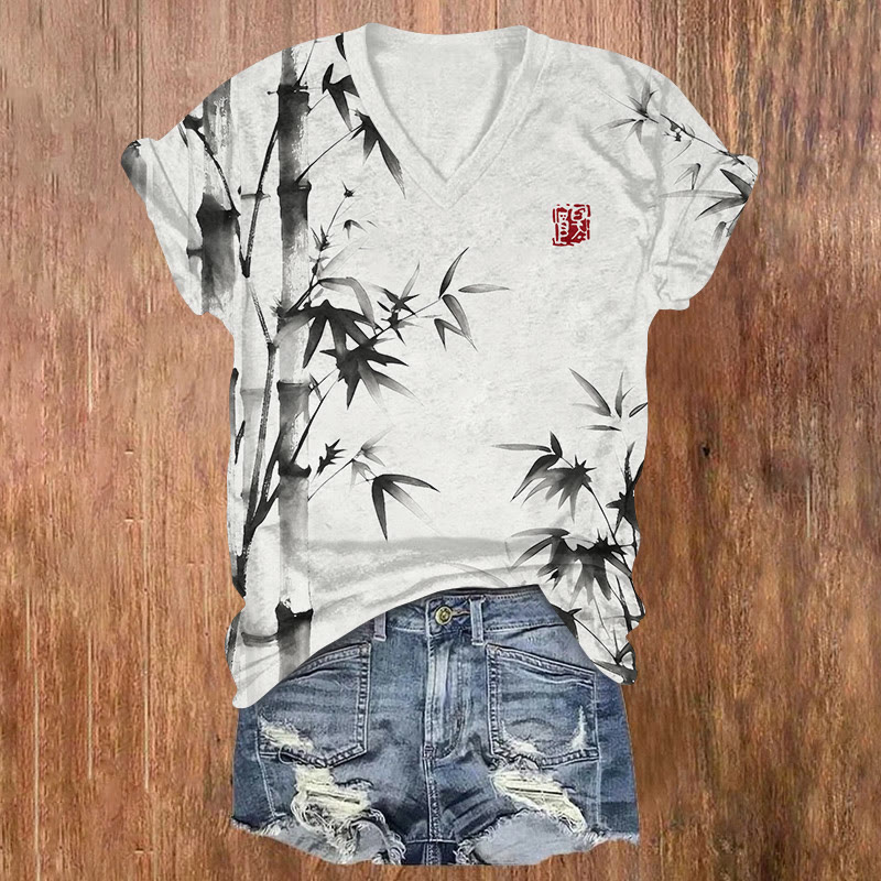 Vintage Bamboo Forest Ink Painting Pattern Print Short Sleeved V-neck T-shirt - Black - US32-34(5XL) - image 1