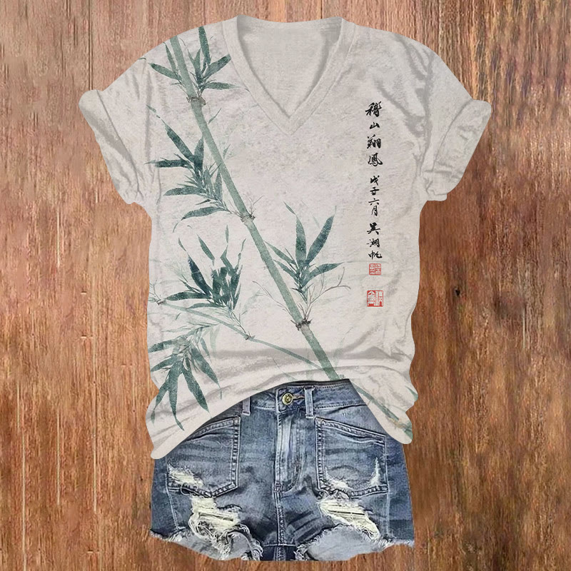 Vintage Bamboo And Poetry Ink Painting Pattern Print Short Sleeved V-neck T-shirt - Green - US32-34(5XL) - image 1