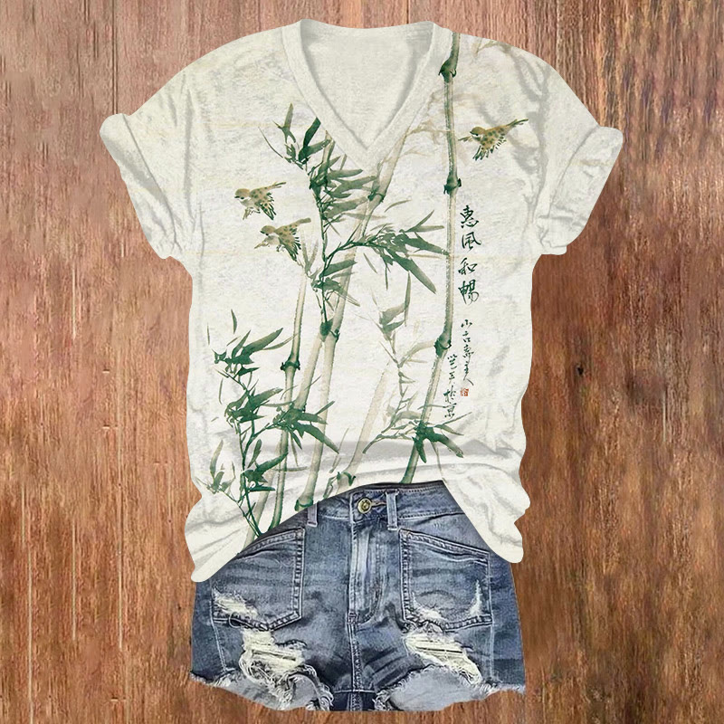 Vintage Bamboo And Birds Ink Painting Pattern Print Short Sleeved V-neck T-shirt - Green - US32-34(5XL) - image 2