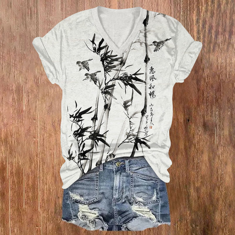 Vintage Bamboo And Birds Ink Painting Pattern Print Short Sleeved V-neck T-shirt - Black - US32-34(5XL) - image 1