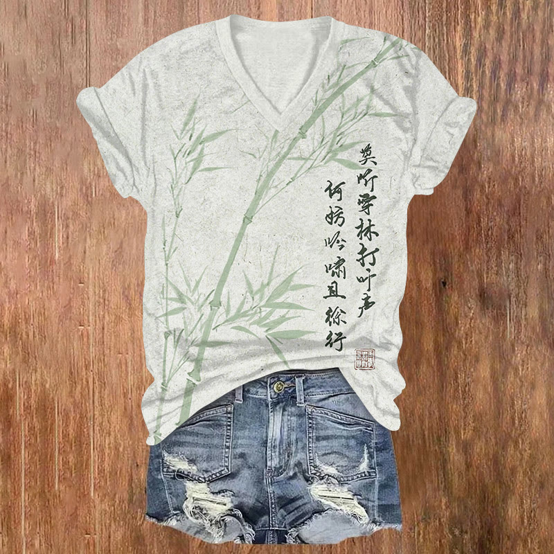 Vintage Zen-inspired Bamboo And Ink Paintings Pattern Print Short Sleeved V-neck T-shirt - Green - US32-34(5XL) - image 1