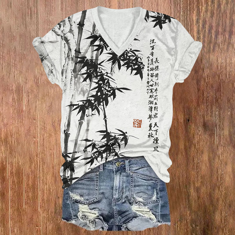 Vintage Bamboo And Poetry Paintings Pattern Print Short Sleeved V-neck T-shirt - Black - US32-34(5XL) - image 2