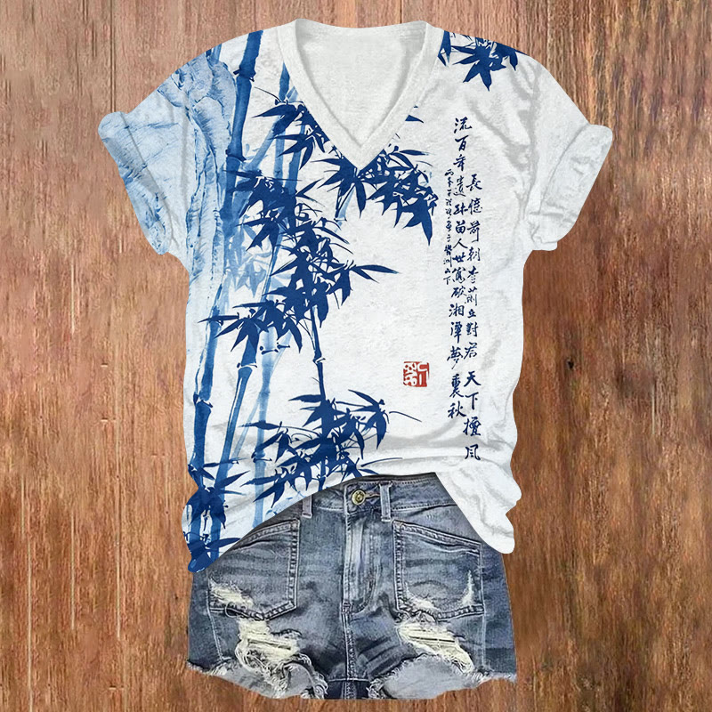 Vintage Bamboo And Poetry Paintings Pattern Print Short Sleeved V-neck T-shirt - Blue - US32-34(5XL) - image 1