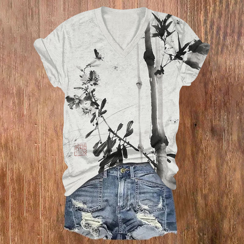 Vintage Butterfly Flowers And Bamboo Paintings Pattern Print Short Sleeved V-neck T-shirt - Black - US32-34(5XL) - image 2