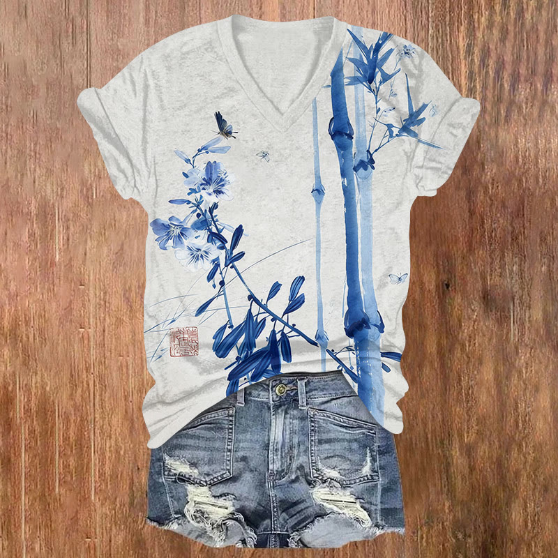 Vintage Butterfly Flowers And Bamboo Paintings Pattern Print Short Sleeved V-neck T-shirt - Blue - US32-34(5XL) - image 3
