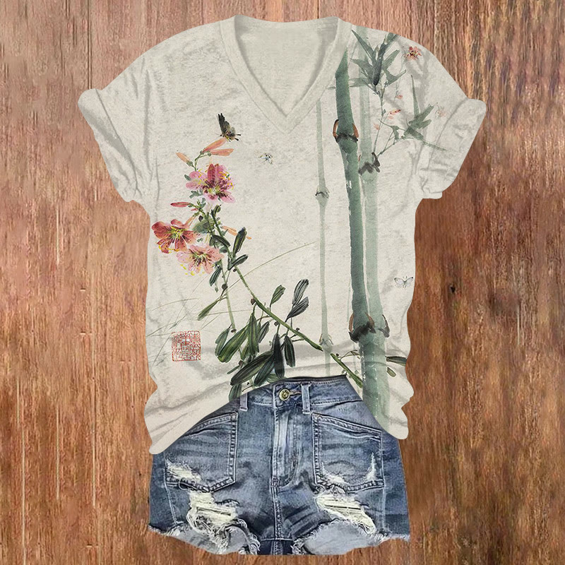 Vintage Butterfly Flowers And Bamboo Paintings Pattern Print Short Sleeved V-neck T-shirt - Apricot - US32-34(5XL) - image 1