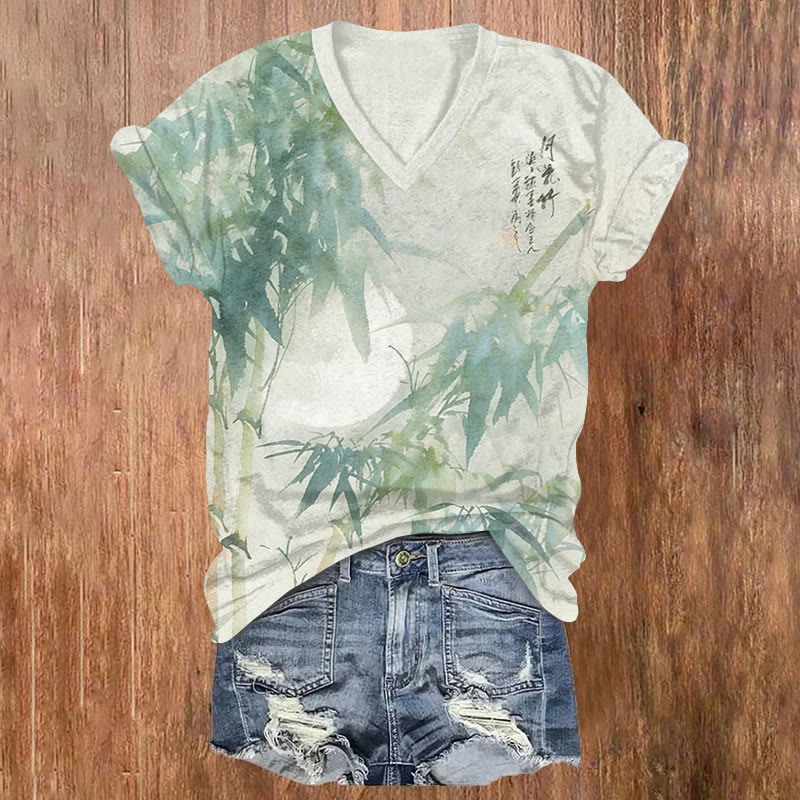 Vintage Bamboo Forest Moonlight Ink Painting Pattern Print Short Sleeved V-neck T-shirt - Green - US32-34(5XL) - image 1