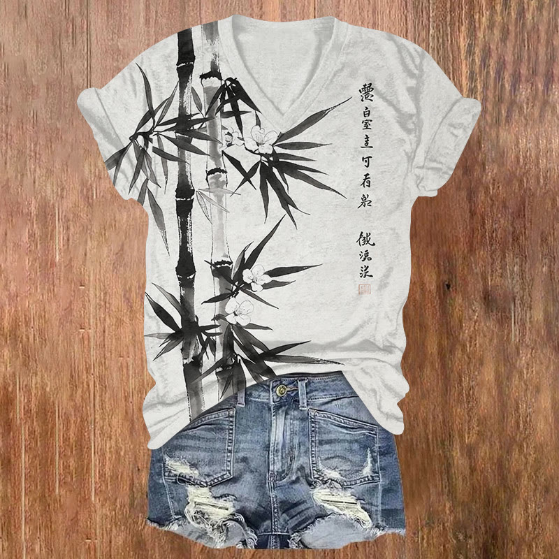 Vintage Flowers And Bamboo Pattern Print Short Sleeved V-neck T-shirt - Black - US32-34(5XL) - image 2