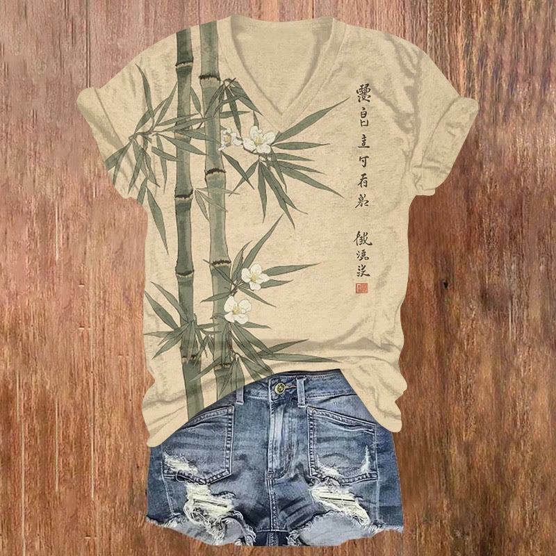 Vintage Flowers And Bamboo Pattern Print Short Sleeved V-neck T-shirt - Apricot - US32-34(5XL) - image 1