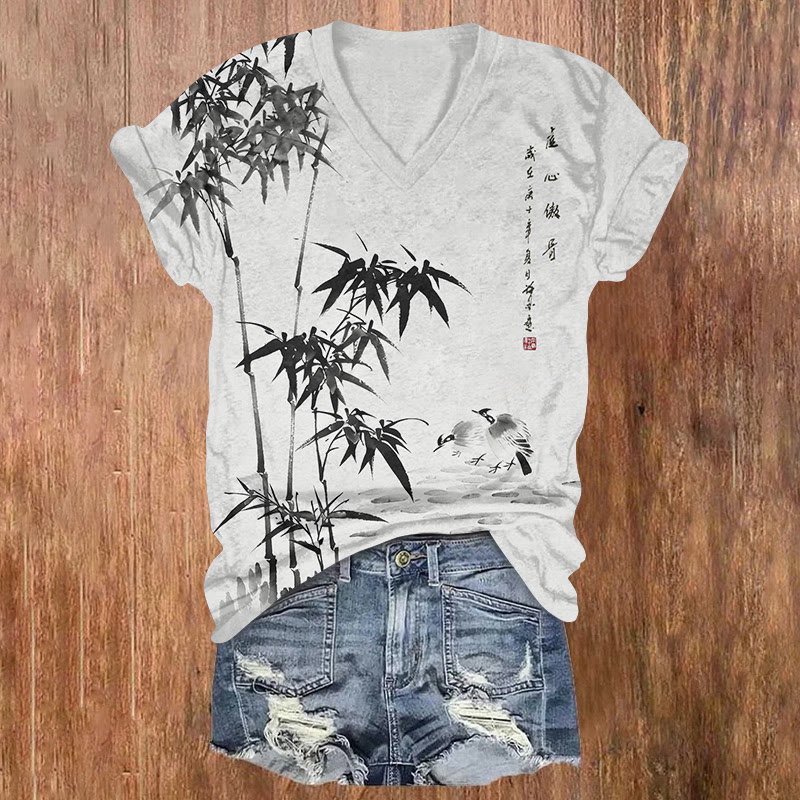 Vintage Bamboo And Chicks Ink Painting Pattern Print Short Sleeved V-neck T-shirt - Black - US32-34(5XL) - image 2