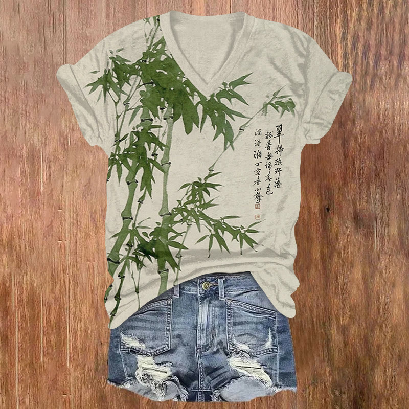 Vintage Zen-inspired Bamboo Ink Painting Pattern Print Short Sleeved V-neck T-shirt - Green - US32-34(5XL) - image 1