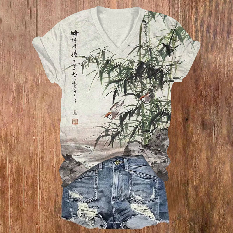 Vintage Bamboo Pond Ink Painting Pattern Print Short Sleeved V-neck T-shirt - Green - US32-34(5XL) - image 1
