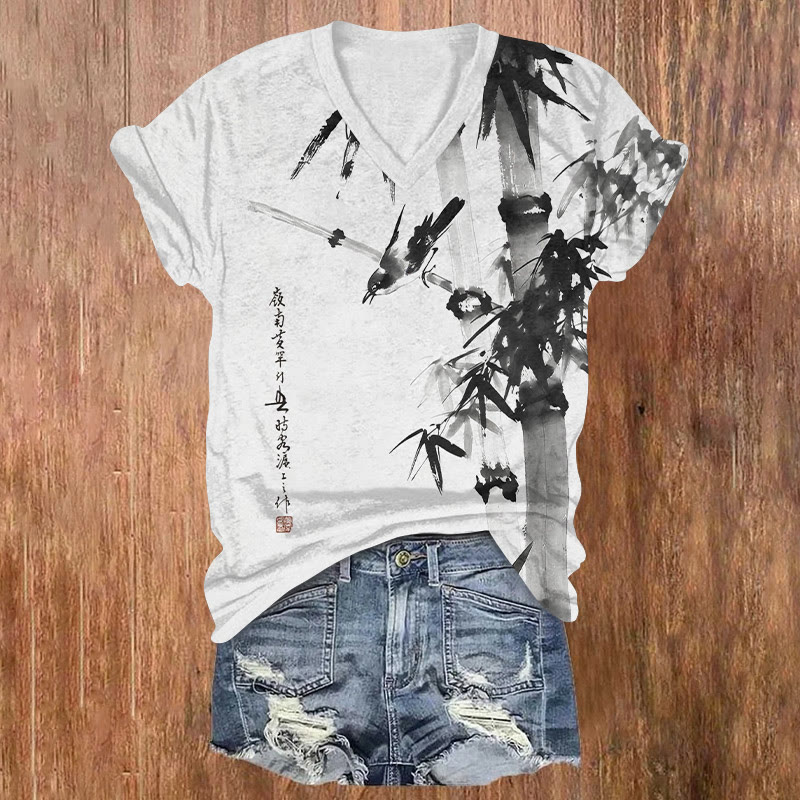 Vintage Zen Bamboo And Bird Ink Painting Pattern Print Short Sleeved V-neck T-shirt - Black - US32-34(5XL) - image 2