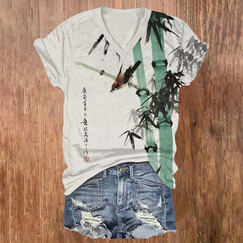 Vintage Zen Bamboo And Bird Ink Painting Pattern Print Short Sleeved V-neck T-shirt - Green - US32-34(5XL) - image 1