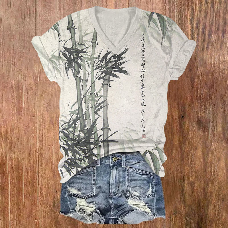 Vintage Zen Bamboo Ink Painting Pattern Print Short Sleeved V-neck T-shirt - Green - US32-34(5XL) - image 2