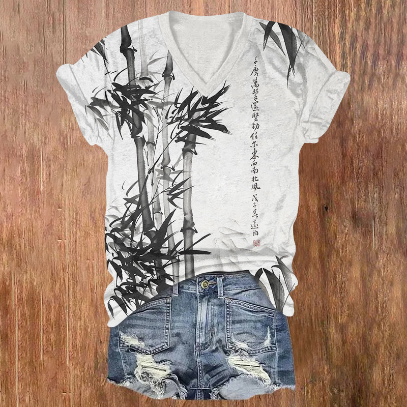 Vintage Zen Bamboo Ink Painting Pattern Print Short Sleeved V-neck T-shirt - Black - US32-34(5XL) - image 1