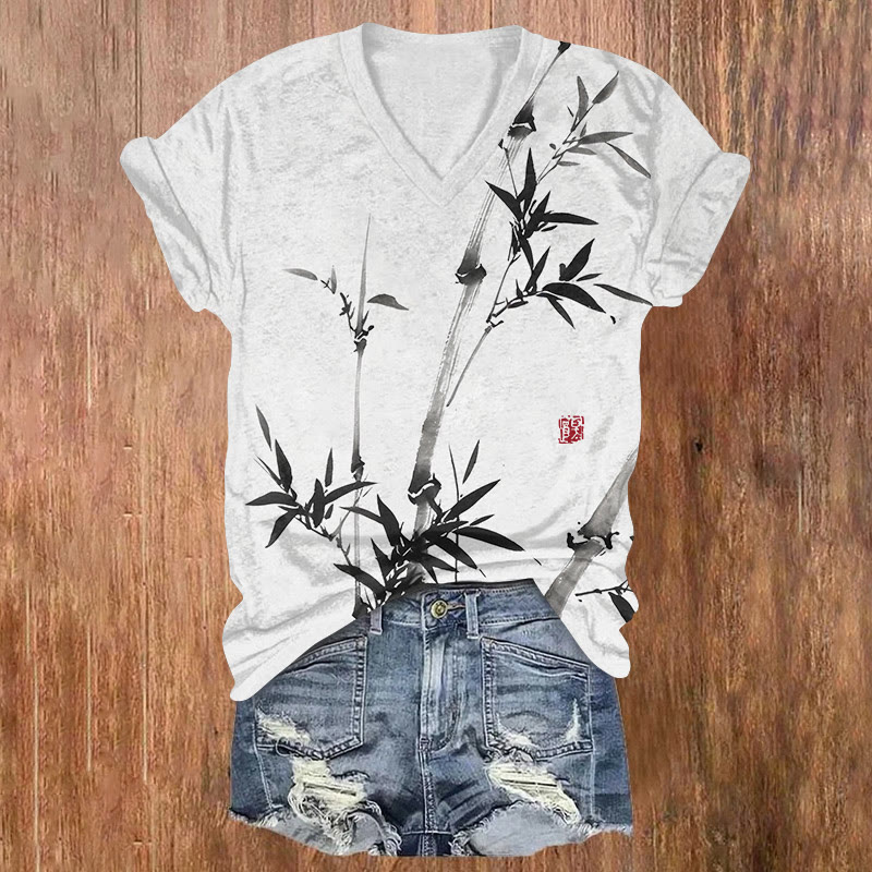 Vintage Simple Zen Bamboo Pattern Print Short Sleeved V-neck T-shirt - Black - US32-34(5XL) - image 2