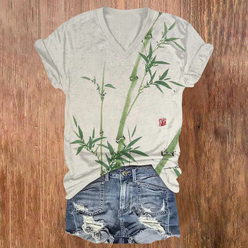 Vintage Simple Zen Bamboo Pattern Print Short Sleeved V-neck T-shirt - Green - US32-34(5XL) - image 1