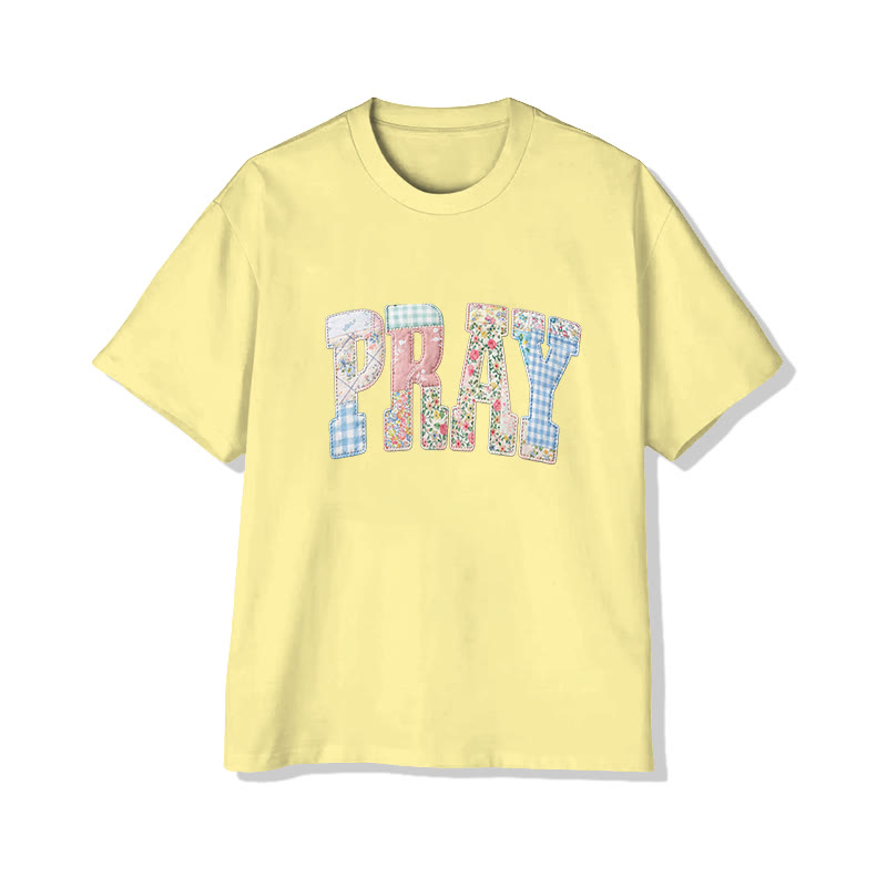 Vintage Floral Pray Christian Pattern Print Short Sleeved Round Neck Cotton T-shirt - Yellow - US28-30(4XL) - image 1