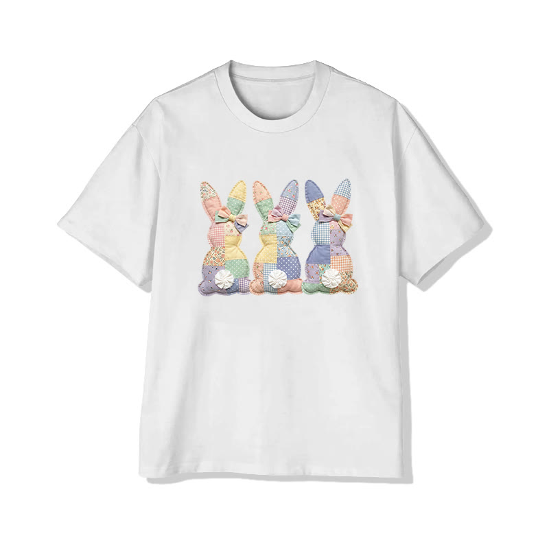 Easter Three Bunnies Garden Flowers Print Pattern Cotton Print T-shirt - White - US16-18(2XL) - image 2