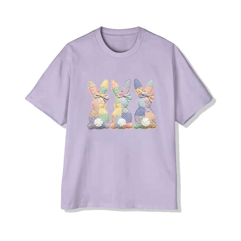 Easter Three Bunnies Garden Flowers Print Pattern Cotton Print T-shirt - Light Purple - US16-18(2XL) - image 1