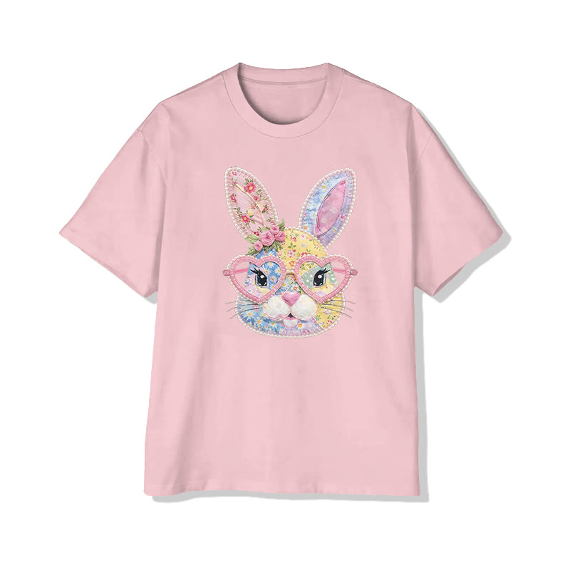 Easter Glasses Bunny Garden Flowers Print Pattern Cotton Print T-shirt - Pink - US16-18(2XL) - image 2