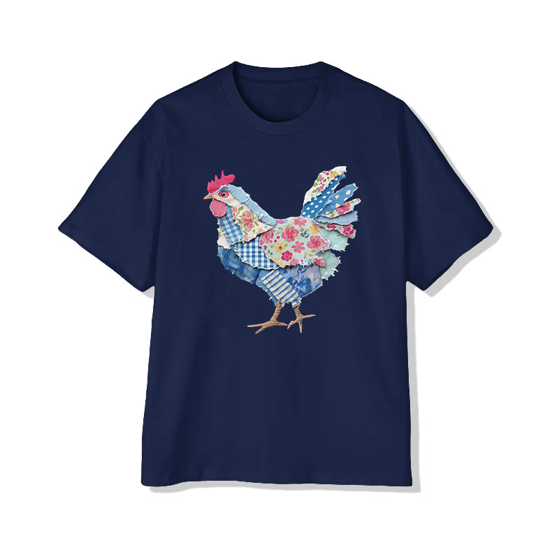 Animal Friends Chicken Flakes Print Pattern Cotton Print T-shirt - Navy Blue - US16-18(2XL) - image 2