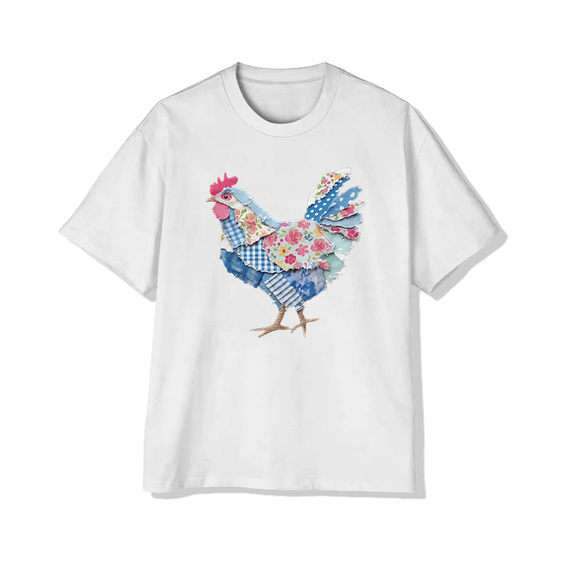 Animal Friends Chicken Flakes Print Pattern Cotton Print T-shirt - White - US16-18(2XL) - image 1