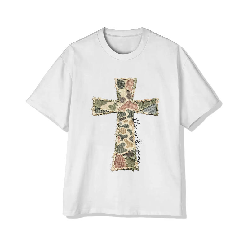 Christian He Is Risen Camouflage Cross Print Pattern Cotton Print T-shirt - White - US16-18(2XL) - image 1
