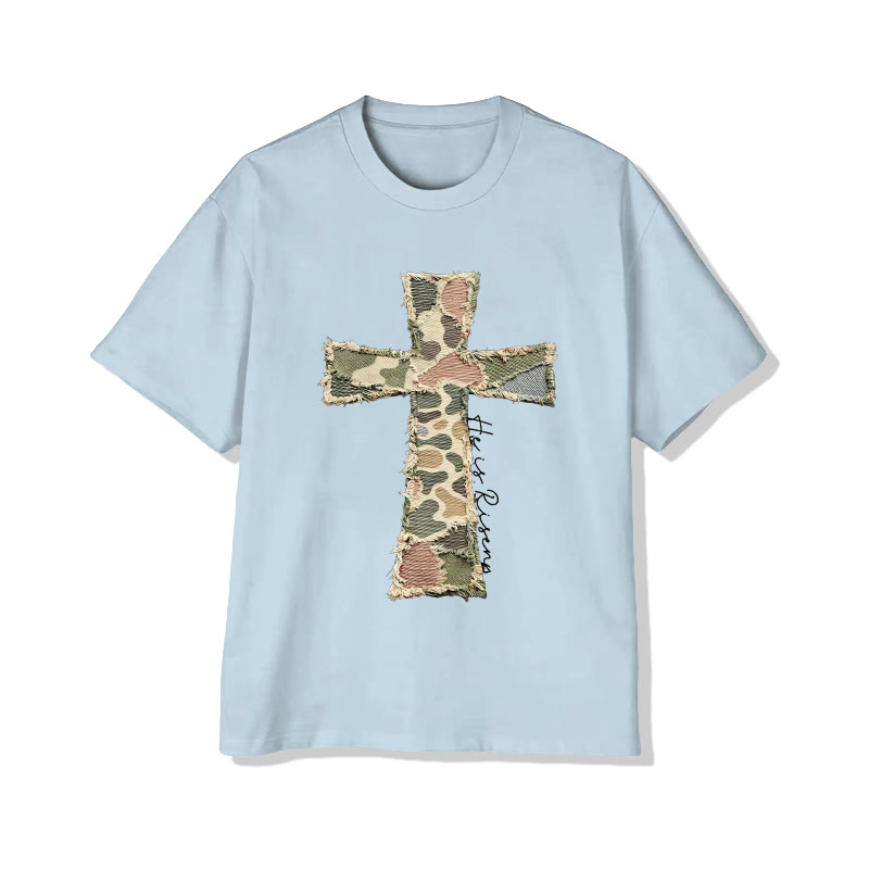 Christian He Is Risen Camouflage Cross Print Pattern Cotton Print T-shirt - Light Blue - US16-18(2XL) - image 11