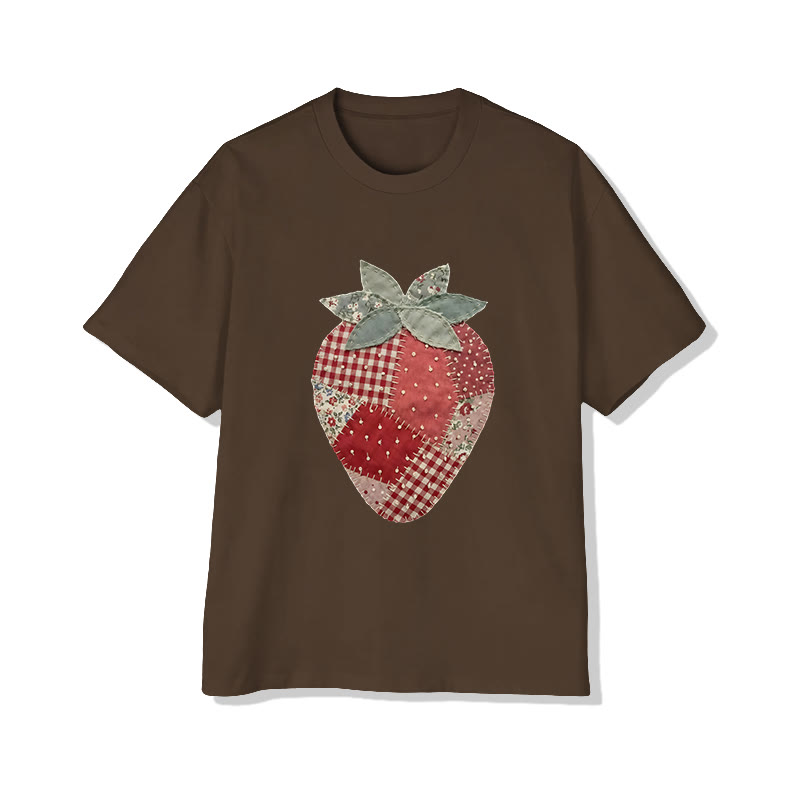 Pastoral Strawberry Print Pattern Cotton Print T-shirt - Coffee - US16-18(2XL) - image 3