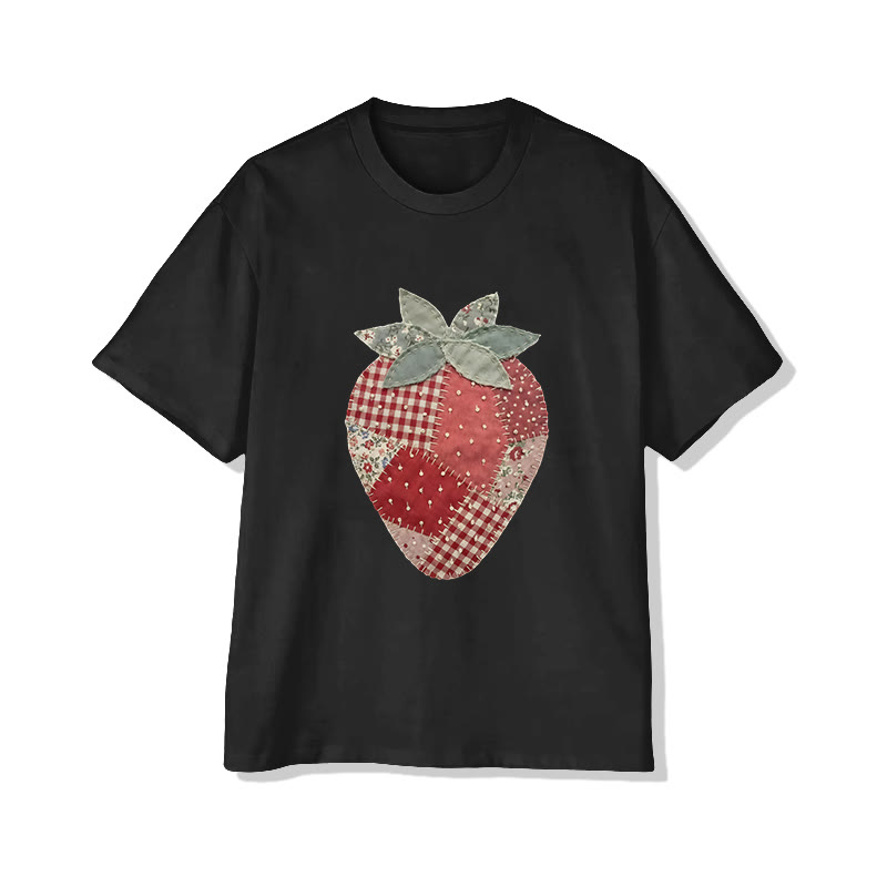 Pastoral Strawberry Print Pattern Cotton Print T-shirt - Black - US16-18(2XL) - image 2