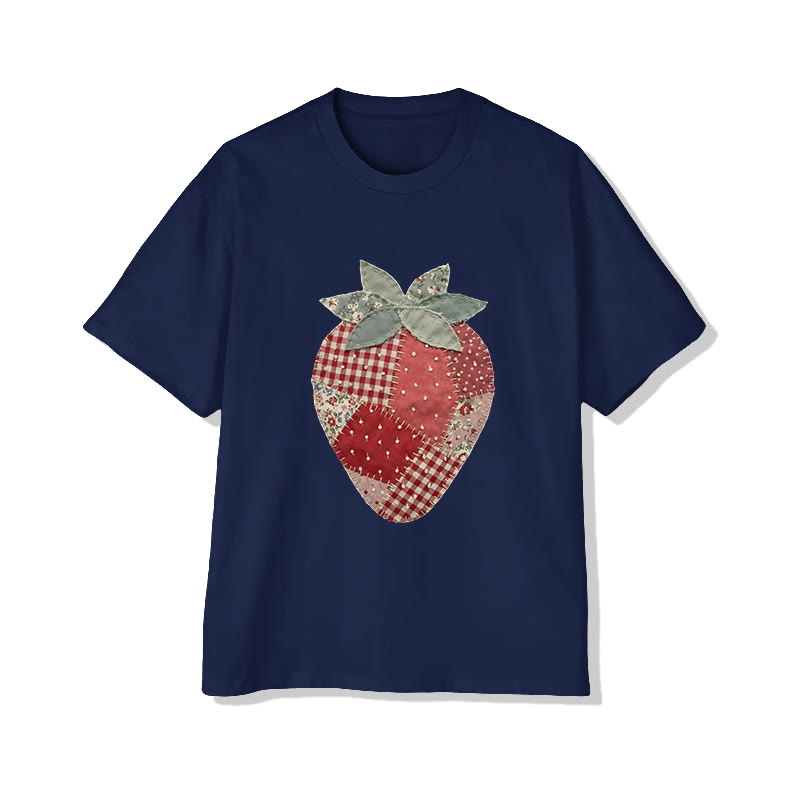 Pastoral Strawberry Print Pattern Cotton Print T-shirt - Navy Blue - US16-18(2XL) - image 4