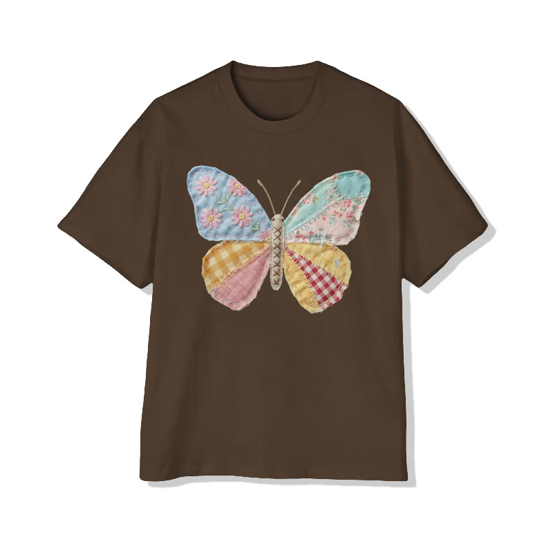  Pastoral Butterfly Floral Pattern Print Pattern Cotton Print T-shirt - Coffee - US16-18(2XL) - image 2