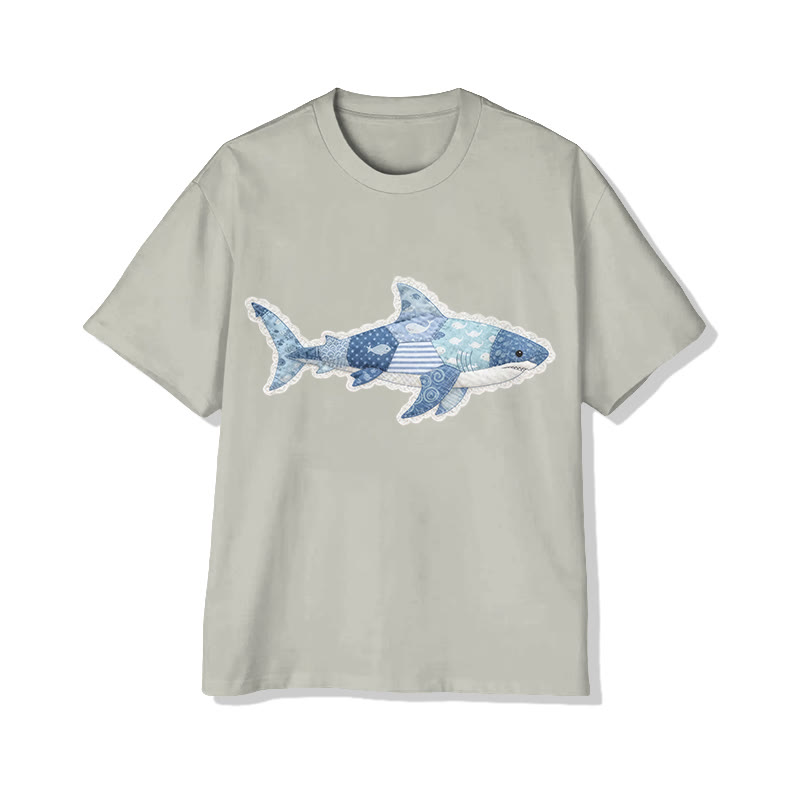 Ocean Shark Art Lace pattern Print Pattern Cotton Print T-Shirt - Warm Grey - US16-18(2XL) - image 2