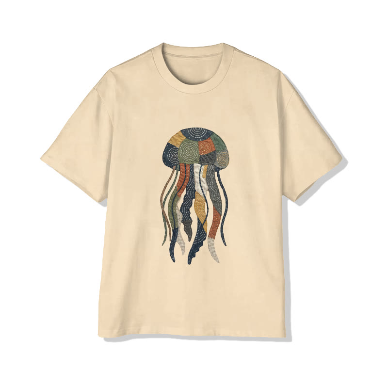 Ocean Jellyfish Art pattern Print Pattern Cotton Print T-Shirt - Apricot - US16-18(2XL) - image 2