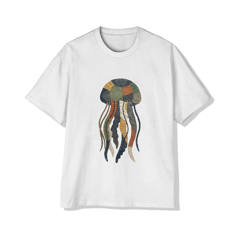 Ocean Jellyfish Art pattern Print Pattern Cotton Print T-Shirt - White - US16-18(2XL) - image 1