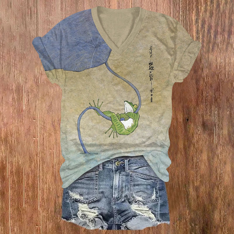 Japanese Ukiyo-e Frog Lotus Leaf Pattern Print Short Sleeved V-neck T-shirt - Apricot - US32-34(5XL) - image 1